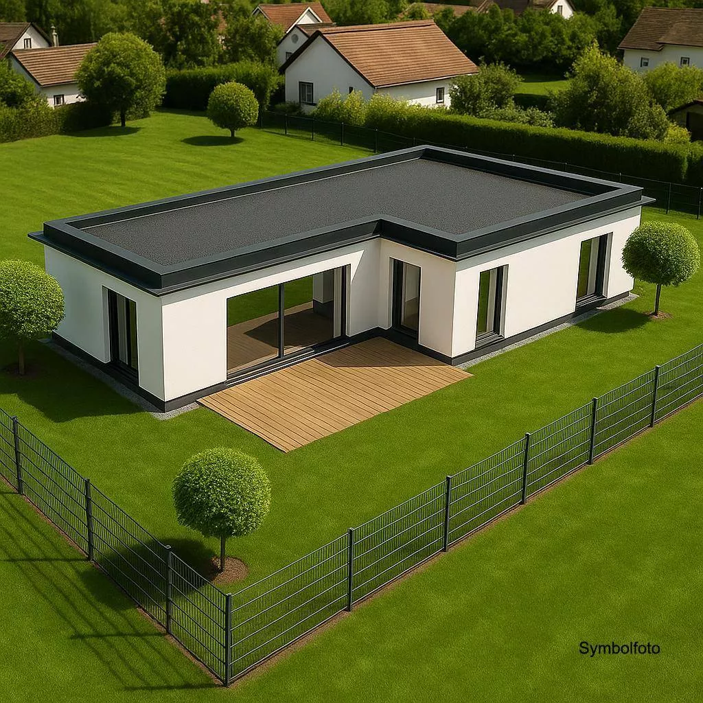 Symbolfoto: Bungalow in schwarz/wei&szlig; mit Gartenfl&auml;che und Terrasse.