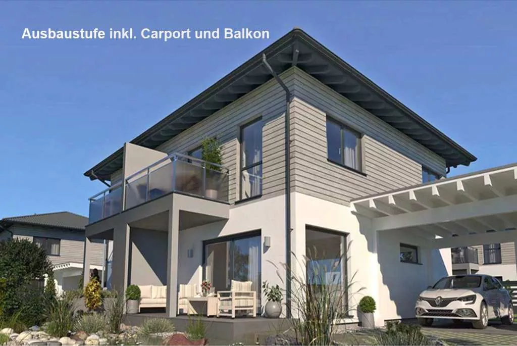grau/wei&szlig;e Doppelhaush&auml;lte mit Carport und Terrasse.
