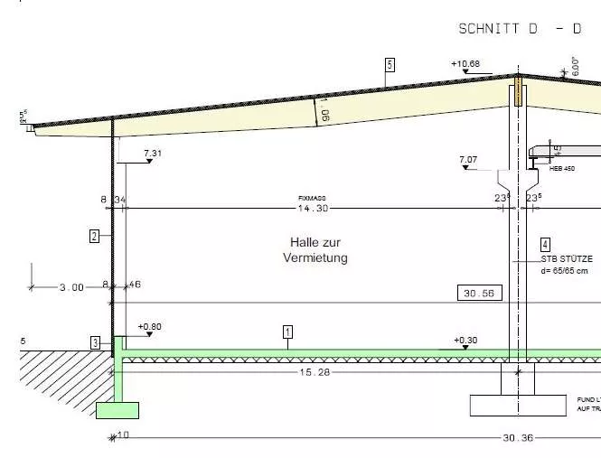 seitlicher Grundriss / Maßstabszeichnung der Lagerhalle.